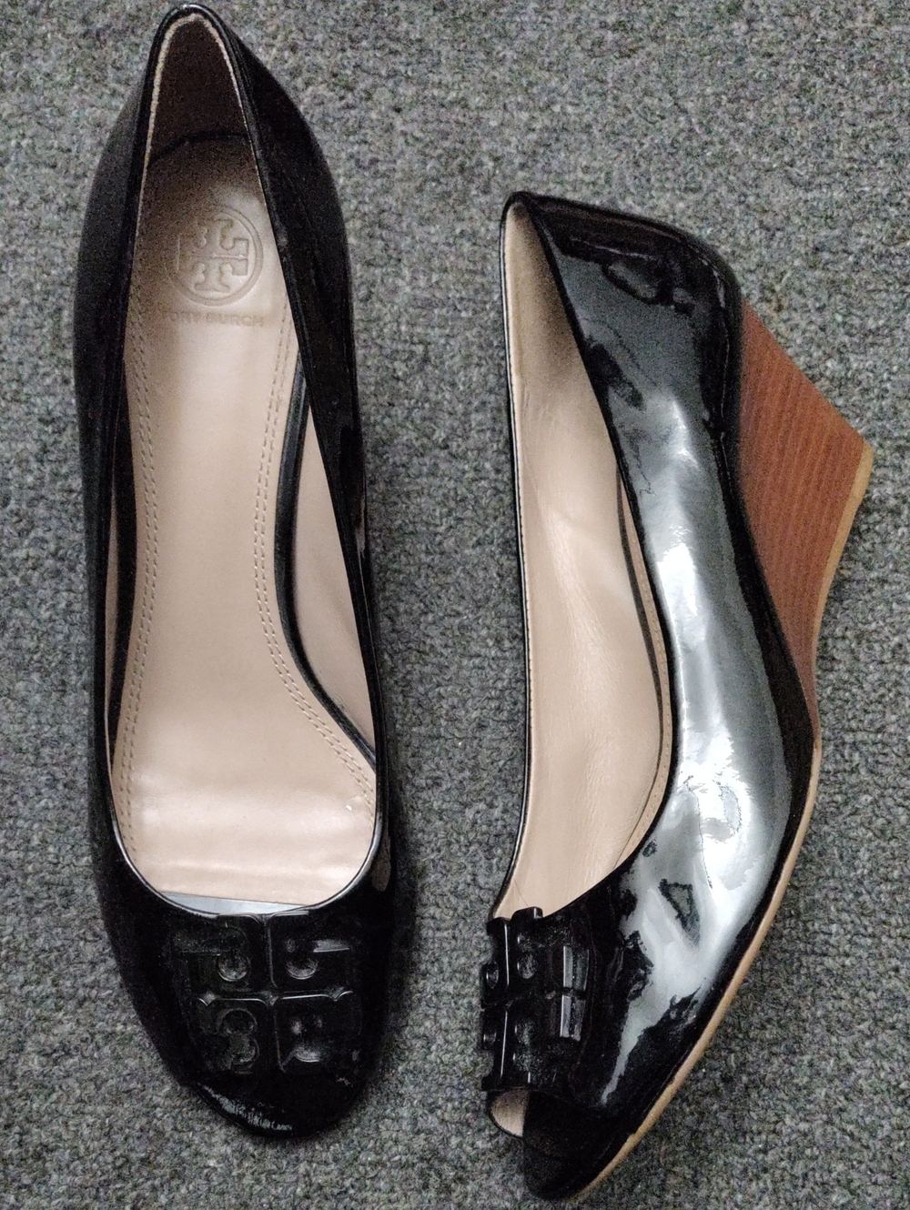 Tory Burch "Lowell" Black Patent Peep-Toe Wedges